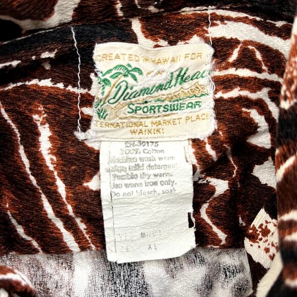 Vintage Diamond Head Hawaiian Shirt Adult XL Brown Surf Beach Tribal Button 60s - Picture 5 of 10